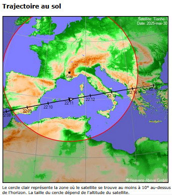 La station spatiale CSS (Tianhe-1) depuis le sol le 30 mai 2025 (source Heavens-Above.com)