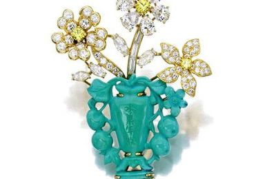 A colored diamond, diamond and turquoise brooch, Ruser