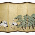 Paire de paravents byobu à six panneaux à motifs de grues et de pins (matsu) sur un fond de feuilles d'or, symbole de longévité.