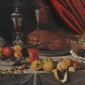 Jan Albertsz. Rootius (1615-1674) "Nature morte aux fruits, à la volaille et aux objets divers posés sur un entablement"