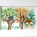 AQUARELLE CABANES DANS LES ARBRES