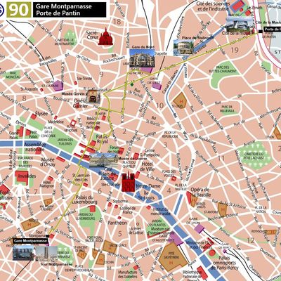 Plan bus RATP de la ligne 90 avec les monuments de Paris