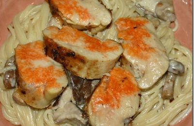Spaghetti foresti&egrave;re , au foie de lotte