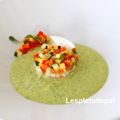 Salsa de légumes, gambas et crémeux de courgettes