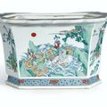 A large and brilliantly enamelled hexagonal doucai jardinière, Mark and period of Kangxi