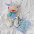 Doudou Peluche Vache Blanc Et Bleu Mouchoir Bleu à Fleurs Eluz