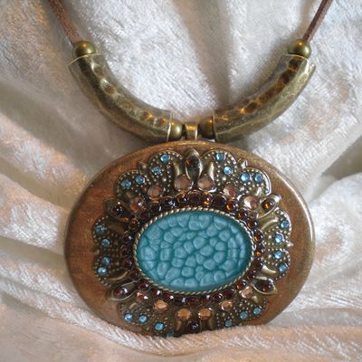 collier ethnique,turquoise/bronze