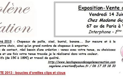 Pour vos mariages à venir : Expo/Vente de Chapeaux à Versailles ce vendredi avec Segolène Création !