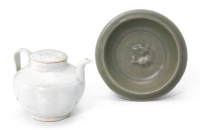 A Qingbai ewer and cover and a small celadon-glazed 'fish' dish, Song dynasty (960-1279)