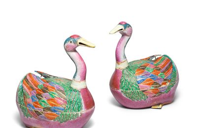 A very fine and rare pair of famille rose 'goose' tureens and covers, Qianlong period, circa 1760