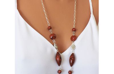Sautoir bijoux collection printemps été pour femme, collier marron bronze en perles faites à la main 