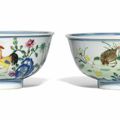 A pair of famille rose 'chicken' bowls, Qianlong six-character seal marks in underglaze blue and of the period (1736-1795)