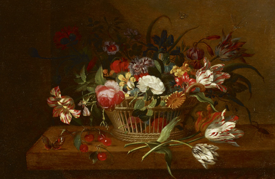 Jacob Marrel (1614-1681), Corbeille de fleurs posée sur un entablement avec papillon et insecte