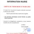 INFORMATION DE LA MAIRIE - Grève du mercredi 15 mars 2023 - la mairie sera fermée toute la journée