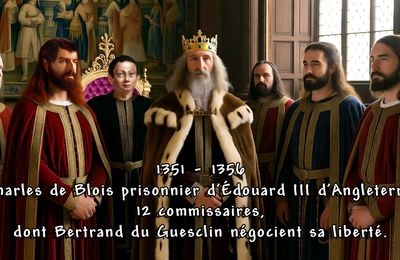   1351 -1356 Charles de Blois prisonnier d'Édouard III d’Angleterre, 12 commissaires, dont Bertrand du Guesclin négocient sa liberté. 