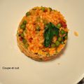 Risotto au coulis de tomates, chorizo et petits pois