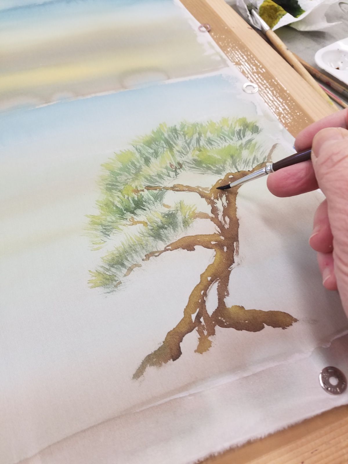 démonstration, aquarelle sur soie,