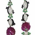A Pair of Art Deco Ruby, Demantoid Garnet and Diamond Ear Pendants