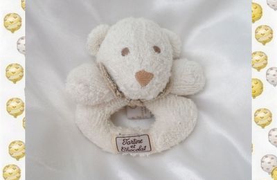  Doudou Peluche Ours Chien Anneau Hochet Ecru Collerette Vichy Marron Tartine Et Chocolat