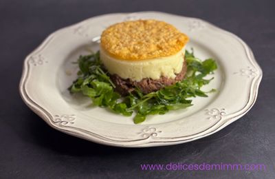 Parmentier de canard confit, roquette et tuile de parmesan( astuce)