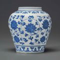 A blue and white 'lotus' jar, Jiajing six-character mark in underglaze blue and of the period (1522-1566)