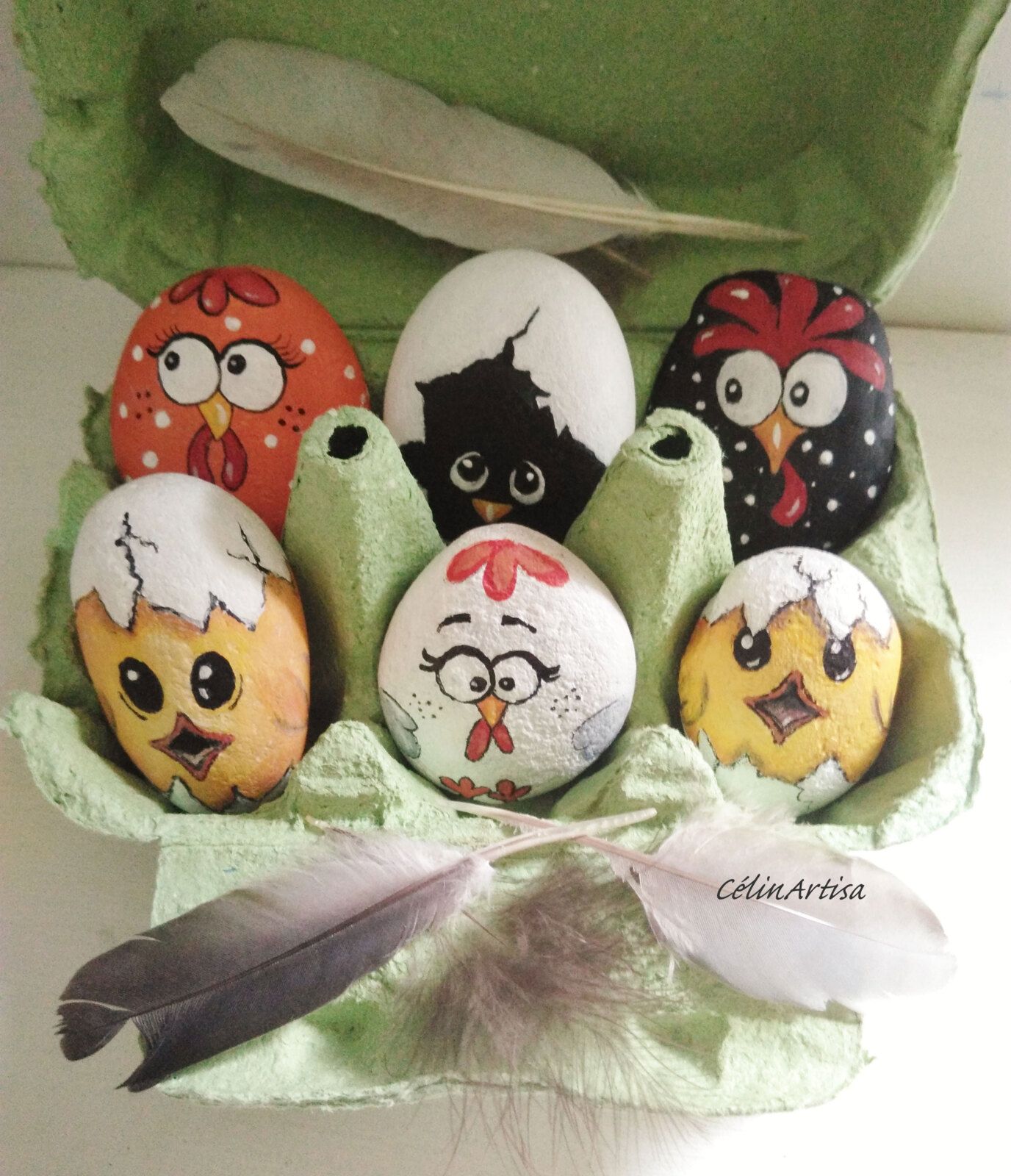 acrylique sur galets - poules & poussins