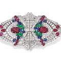 Platinum, Carved Colored Stone and Diamond Double-Clip Brooch, Marcus & Co. - Sotheby's