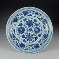 Dish, Blue-and-white with peony scroll design, Yuan dynasty, 14th century