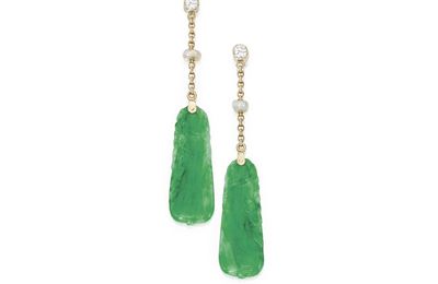 Pair of gold, jade, pearl and diamond earrings