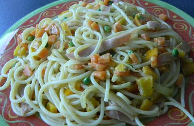 Spaghetti au bacon et petits légumes