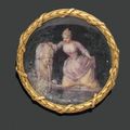 Boucheron, Petite broche en or jaune ornée d'un miniature colorée"jeune femme à la fontaine" signée Paillet.