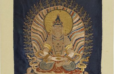A finely embroidered satin panel of Amitayus, Tibet, 17th-18th century