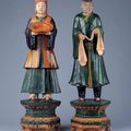 A fine pair of large glazed stoneware standing figures, 16th century