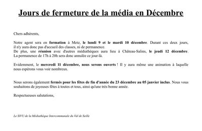 [Annonce] Fermeture de la médiathèque - Décembre 2013