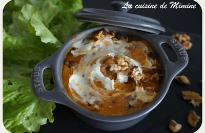 Gratin de patate douce, chèvre et éclats de noix en mini-cocotte