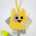 Doudou attache tétine hibou jaune gris