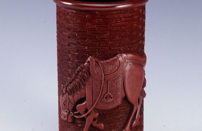 Brush Holder Carved with Painting of Bo Le Judging Horses, Ming dynasty (1368-1644)