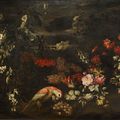 Ecole napolitaine du XVIIème. Natures mortes, bouquet de fleurs avec un perroquet et fruits sur un entablement