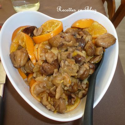 CHAPON ROTI EN COCOTTE AUX MARRONS ET AUX CLEMENTINES