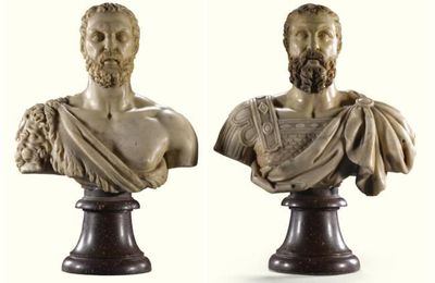Italian, 17th century. A pair of small marble busts of a Roman Emperor and Hercules 