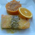 saumon à l'orange et au gingembre, purée de potimarron au sésame