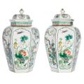 Pair of Chinese Famille Verte Enameled Porcelain Covered Vases, Kangxi Mark and of the Period
