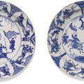 Two Chinese blue and white porcelain 'equestrian' dishes, Qing dynasty, Kangxi period (1662-1722)