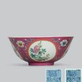 A pair of famille rose ruby-ground sgraffiato 'medallion' bowls, Daoguang six-character seal marks and of the period