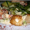salade chaude d'asperges vertes, langoustines et coquilles St Jacques au porto blanc