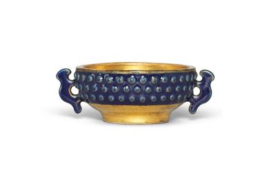 A rare blue-ground gilt-decorated archaistic cup, Qianlong four-character seal mark in iron red and of the period (1736-1795)