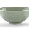 A fine and very rare 'anhua' celadon-glazed porcelain blossom bowl, China, Qianlong six-character seal mark and of the period