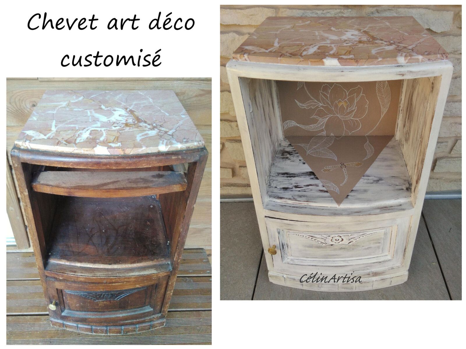 chevet bois & marbre customisé 