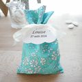 Ballotins mariage & baptême - Liberty Capel turquoise - ruban satin blanc