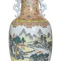 A large and rare famille-rose 'Landscape' vase, Qianlong seal mark and period (1736-1795)